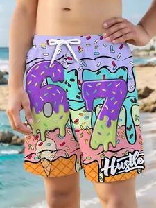Boys' Ice Cream Cone Beach Shorts, Colorblock Hustle Print, Quick-Dry Sun Protection, Casual Swim Trunks, Swimwear, Summer Fashion