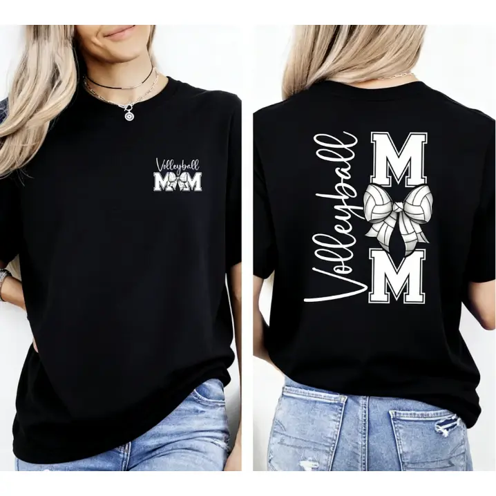 Volleyball Mom Short-Sleeve T-Shirt - Coquette Bow Accent, Comfortable Game Day Top for Beach Outings, Matching Volleyball Pants Compatible, Tshirt, Shortsleeve, Casual, Fabric, Fit, Round Neck, Anniversary