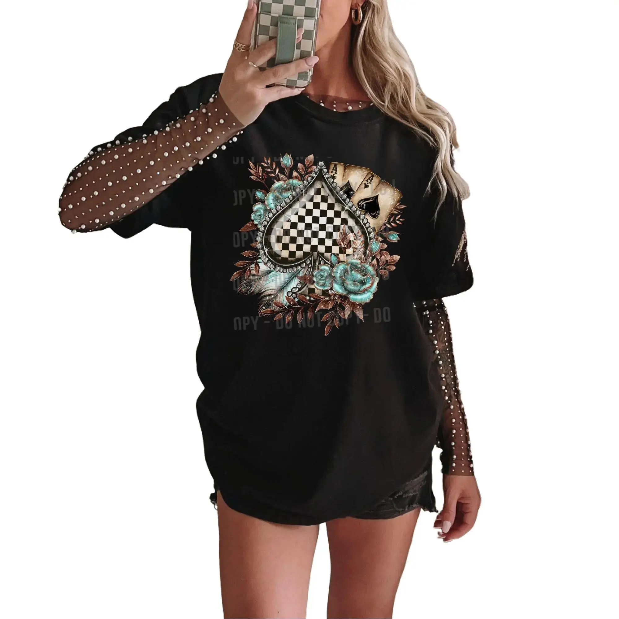 Women's Cotton Short-Sleeve Western Ace of Spades Graphic T-Shirt - Trendy Checkered Spade, Turquoise Rose Accents, Comfortable Casual Lady Unisex Apparel