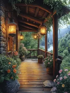 Cozy Cabin Porch Diamond Painting Kit - Mountain Lake & Lantern Rhinestone Art, Full Drill DIY Wall Decor