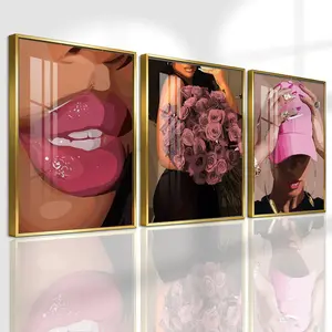 3 Counts Aluminum Alloy Framed Painting, Pink Lips Flowers And Fashion Girl Pictures, Home Decoration For Living Room, Bedroom, Office, Restaurant, Hallway Wall Decor, Odorless Print Artwork, Luxury Perfect Gift For Friends And Family