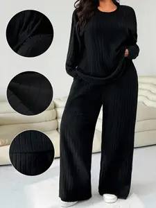 Plus Size Women's Autumn Winter Two-Piece Set, Fitted, Long Sleeves, Casual High Waist Long Pants Suit, Comfortable and Stylish for Daily Wear, Womenswear