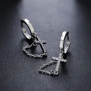 Men's & Women' Siver Cross Dangle Earrings-Stainless Steel Earrings with Chain & Cubic cross Pendant, Gothic Punk Statement