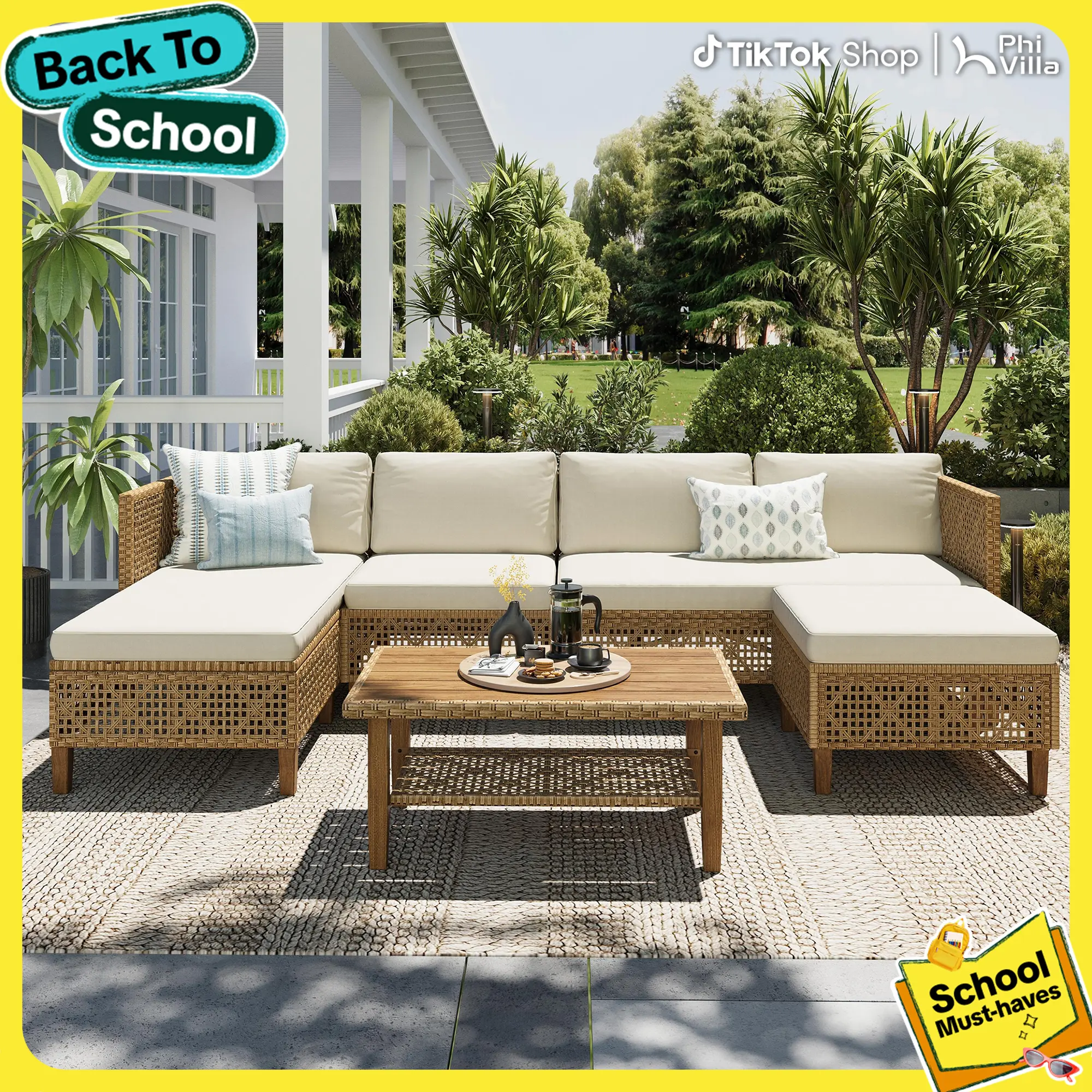 【1/2 Packages Shipping】PHI VILLA Outdoor Wicker Patio Conversation Furniture Set with Acacia Wood Coffee Table Includes Patio Table and Storage Sofa Lounge Classic Durable Rattan Style,TikTokShopBackToSchool