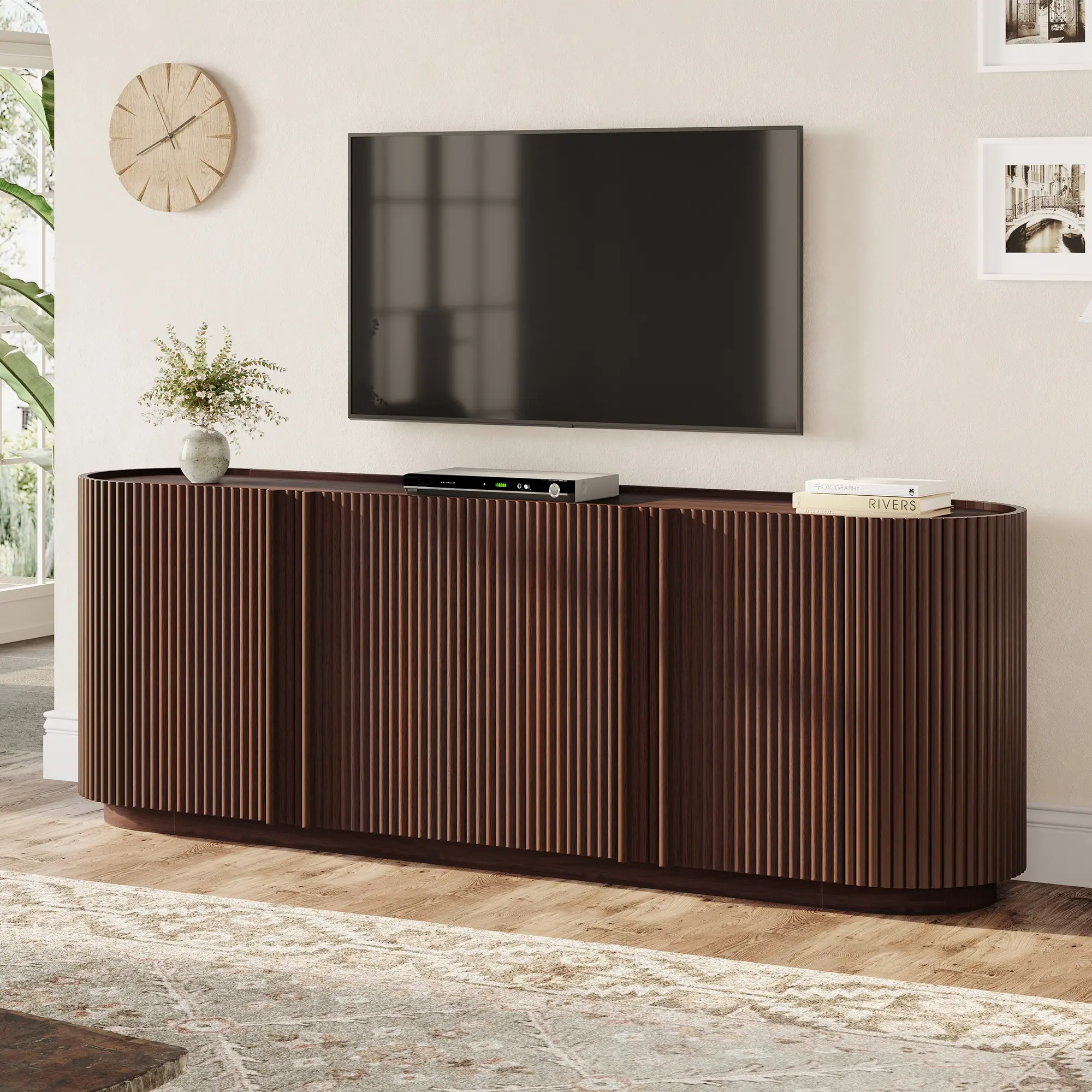 Mid-Century Walnut Rectangular TV Stand - 70-In Compatible Single Unit Media Centre, TV Console Cabinet, Farmhouse Style Home Furniture with Fluted Grain Wood, Adjustable Shelves, Cable Management for Living Room
