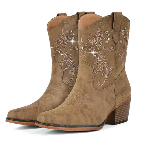 IUV Cowgirl Boots for Women, Wide‑Calf Ankle Cowgirl Boots with Rhinestones, Almond Pointed Toe Classic Western Boots, Women Chunky Heel Country Boots, Comfortable Walking Classic Booties