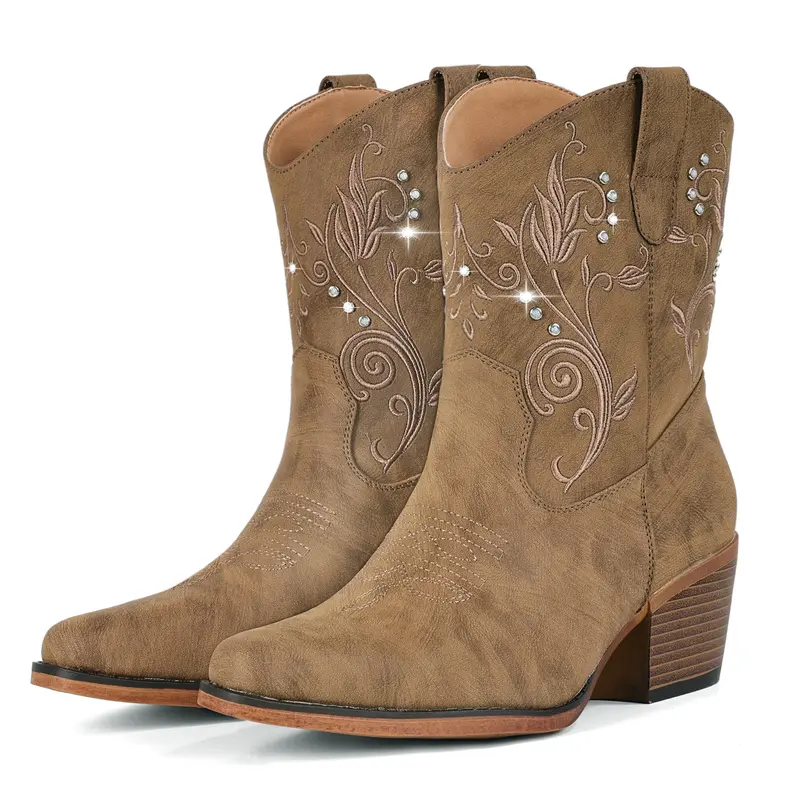 IUV Cowgirl Boots for Women, Wide‑Calf Ankle Cowgirl Boots with Rhinestones, Almond Pointed Toe Classic Western Boots, Women Chunky Heel Country Boots, Comfortable Walking Classic Booties