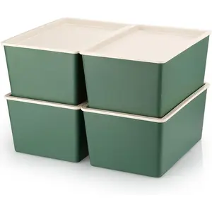 4 Pcs Storage Bins with Lids Plastic Containers Stackable Storage Box Baskets for Organizing Shelves GreenSmall