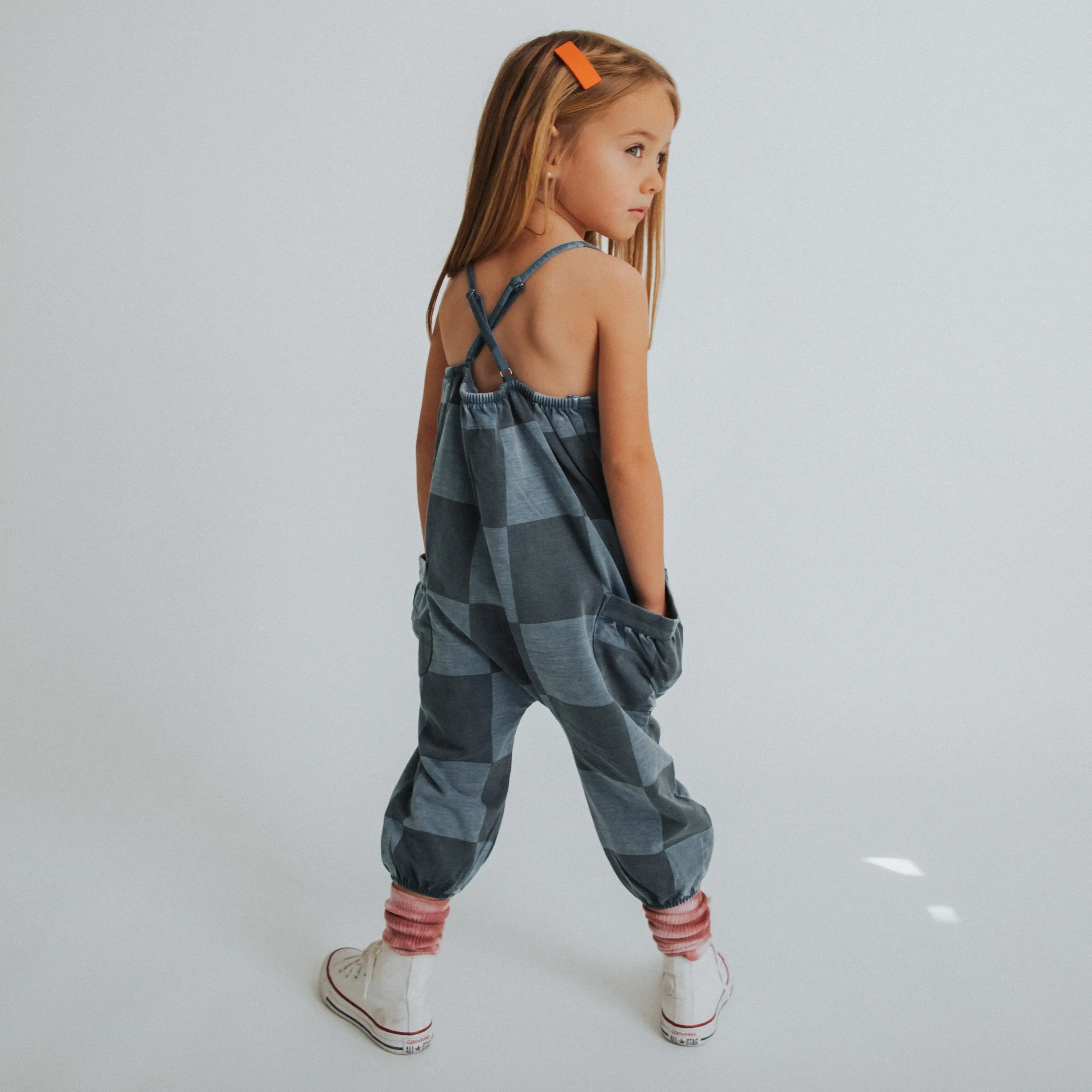 Strappy Jumper - Blue Denim Check - Girls Adjustable Strap Jumpsuit Romper