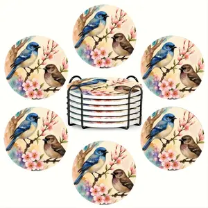 6PC round ceramic coasters, Kitchen coasters, with spring fantasy theme: watercolor illustration of flowers and birds, high temperature resistant and non-slip, home and restaurant decorations, suitable for home decor and parties, perfect restaurant gi