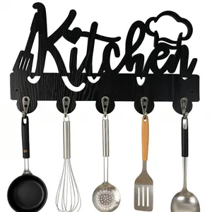 Multifunctional Wooden Kitchen Hook, Wall-Mounted Key Holder, Chef Hat Design, Artistic Style, 5 Alloy Hooks, Home Decor