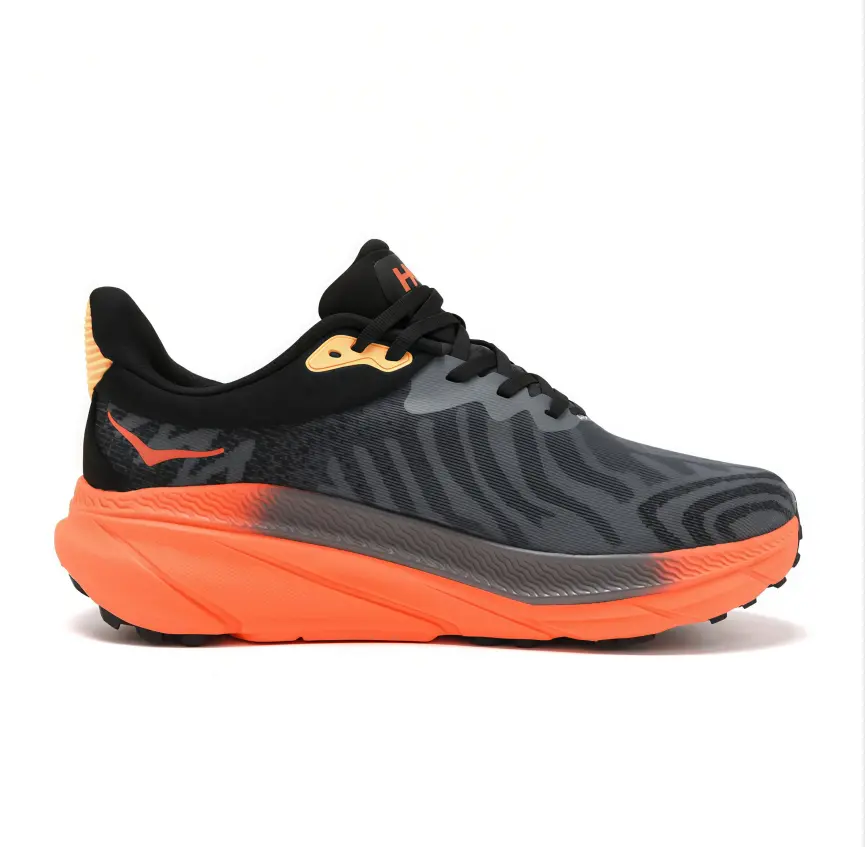 Cushioned everyday fitness sneaker, patterned engineered mesh upper, bold orange layered midsole, grippy rubber outsole for workout and casual street wear.
