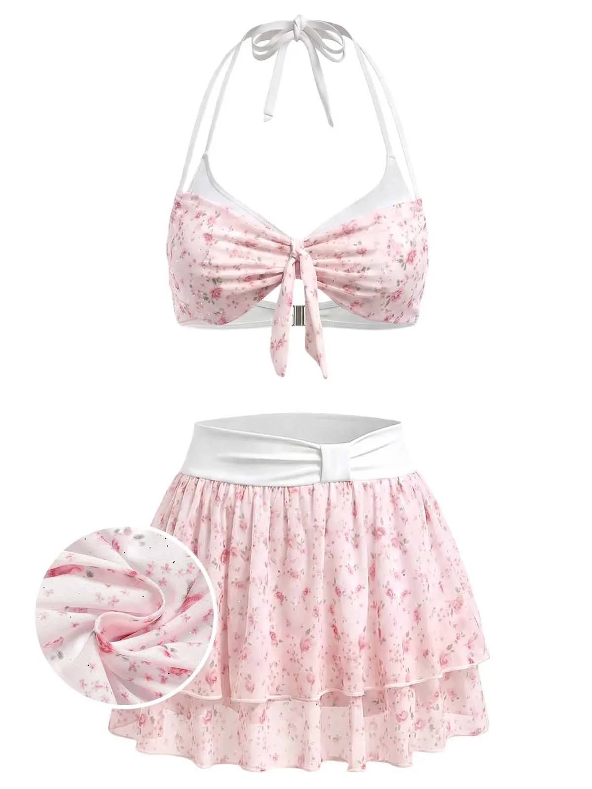 Pink 1950s Ditsy Floral Ruffle Halter Chiffon Bikini Setvacation swimwear for women cute summer outfits Ruffled Bathing Suit Flowy Swimsuit