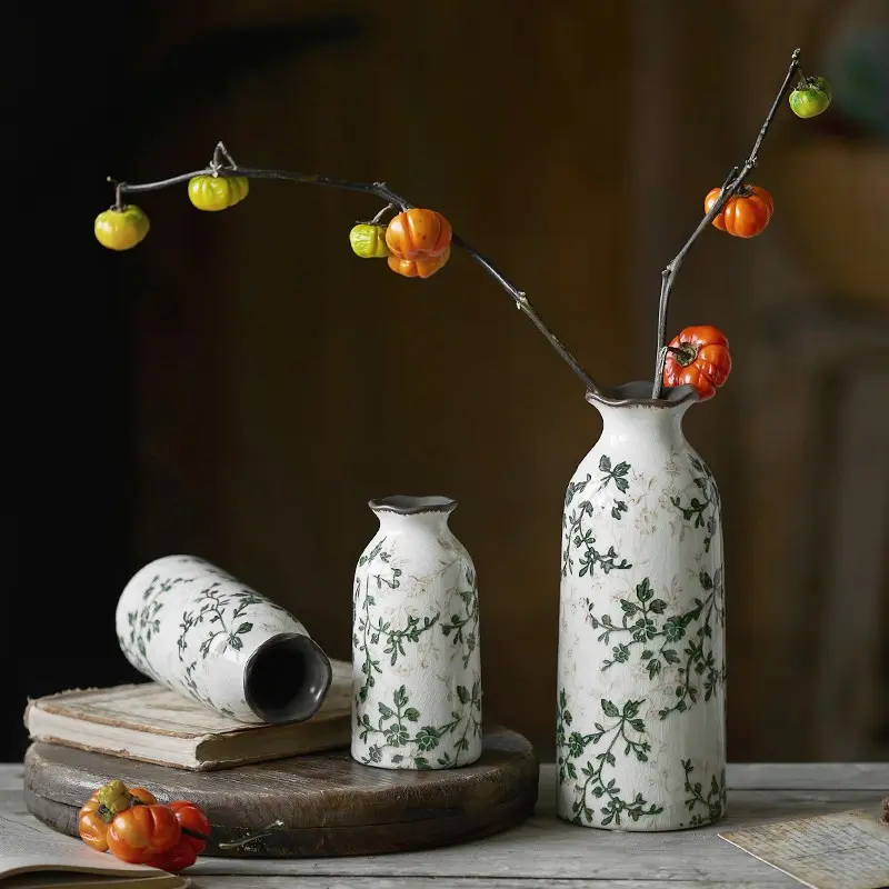 Handmade Vintage Crackle Glazed Ceramic Vase, Decorative Vase, Bohemian Style Home Decor, Rustic Farmhouse Floral Centerpiece, Dry Flower Display for Living Room, Flower Vases for Centerpieces