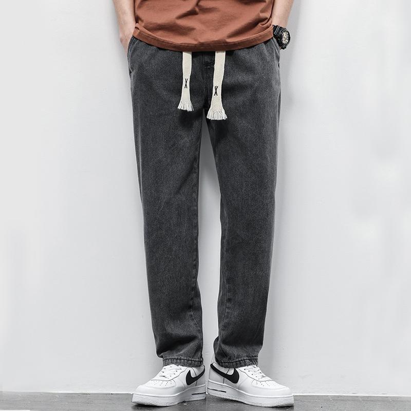 Summer Loose Wide Leg Jeans Pants Men Fashion Drawstring Elasticated Straight Trousers