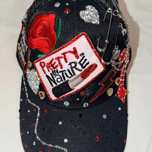 Pretty By Nature Black-Red Trucker Hat with Bling Embellishment