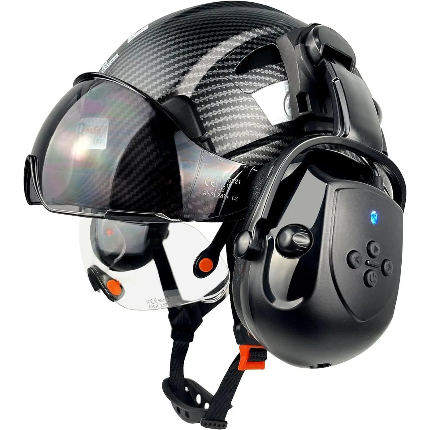 Vented Hard Cap with Visor, Bluetooth Ear Muffs 26dB, Dual Visors Mounted, Reflective Stickers, Adjustable Fit for Forestry Chainsaw Construction Work