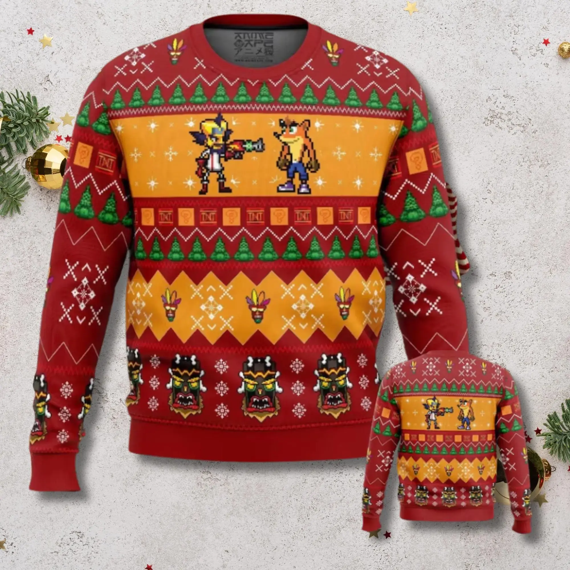 Crash Bandicoot Ugly Christmas Sweater, Retro Gamer Xmas Jumper, Neo Cortex Knit, Adult Kids Sizes, Funny Video Game Holiday Pullover