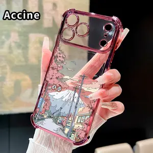 Four Corner Anti-Fall Cherry Blossom Fuji Pattern Phone Case for iPhone 17 16 Pro Max 15 Plus 14 13 12 11 E Air Shockproof Transparent Electroplated Protective Cover