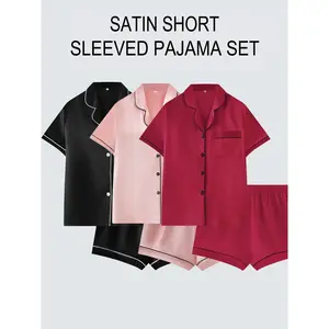 [Valentine's Day] Ladies' two-piece pure color contrast satin pajamas set, including three short-sleeved lapel front-button shirts and three elastic waist shorts, casual and comfortable ladies' pajamas set