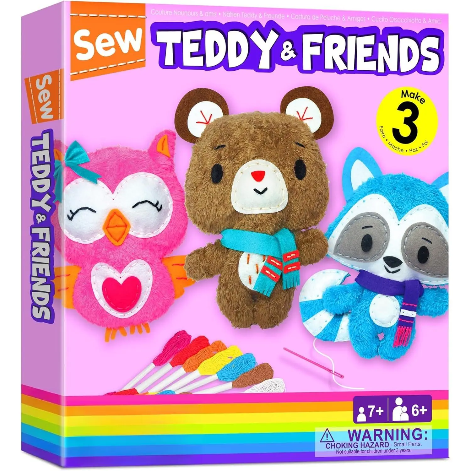 L-PLT019 Sewing Kit for Kids Age 7 8 9 10 11 12 Beginner My First Art & Craft, Includes 3 Stuffed Animal Dolls Teddy, Raccoon and Owl, Instructions & Plush Felt Materials for Learn to Sew, Embroidery