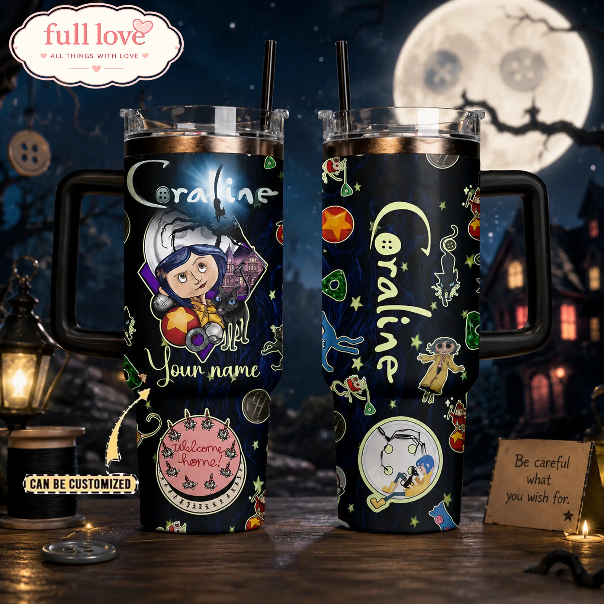 Personalized Coraline 20oz - 40oz Tumbler Stainless Steel with Straw, Double Wall Insulated, With Handle – Epic Cartoon Movies Series Design, Gift for Fans, Eco-Friendly