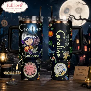 Personalized Coraline 20oz - 40oz Tumbler Stainless Steel with Straw, Double Wall Insulated, With Handle – Epic Cartoon Movies Series Design, Gift for Fans, Eco-Friendly