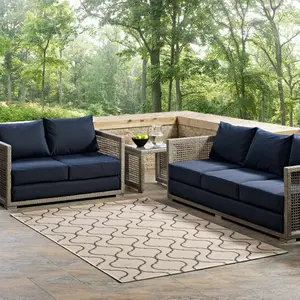 Modway Linza Wave Abstract Trellis 5x8 Indoor and Outdoor Area Rug in Beige and Gray