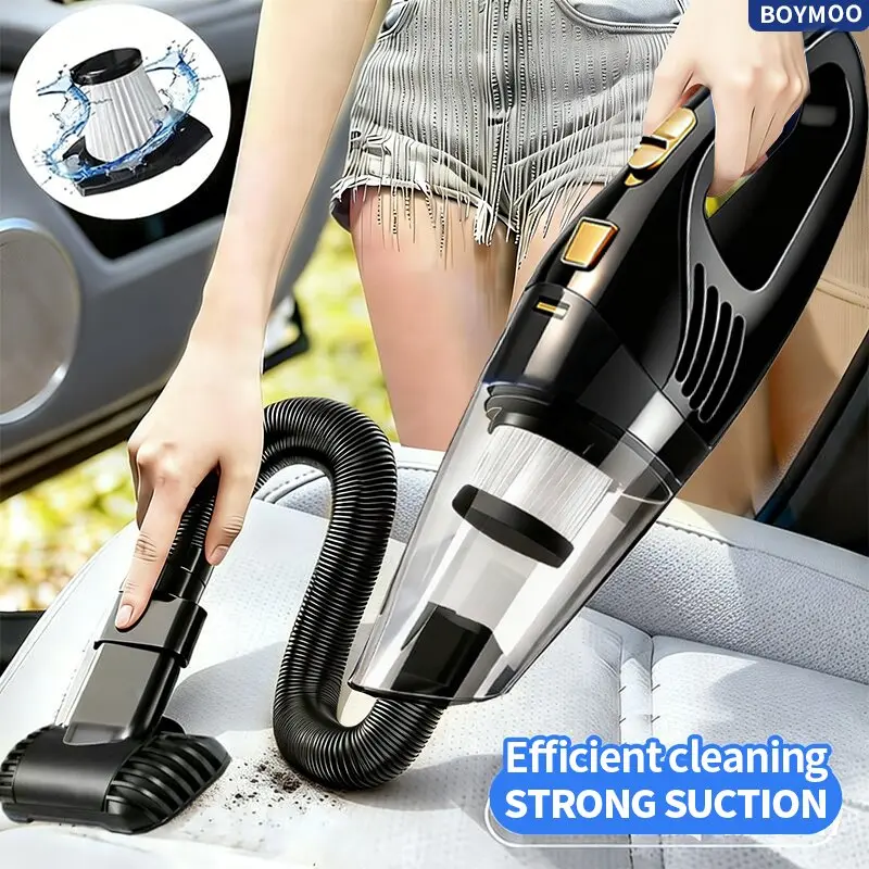 Portable handheld vacuum cleaner for car and home use, equipped with a high-power mini vacuum device and a flexible hose; cleaning kit suitable for deep cleaning pet hair, dust, and debris; lightweight handheld vacuum cleaner with a transparent dust bin.