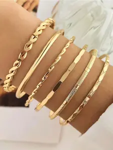 6-Piece Elegant Geometric Layered Bracelets Set, Perfect for Women's Daily Wear, Summer Vacation, Dates, Gifts, All Seasons, Elegant Minimalist Bangle, Classic Wrist Accessory