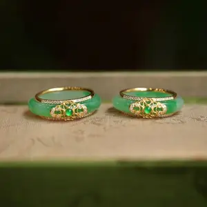 New in Natural Green Chalcedony Crystals Rings for Women Luxury Chinese Style Wedding Jewelry exquisite Detachable Gift
