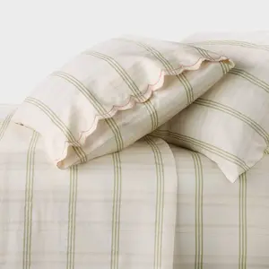 Full 300 Thread Count Scalloped Edge Plaid Sheet Set Cream/Green - Threshold designed with Studio McGee