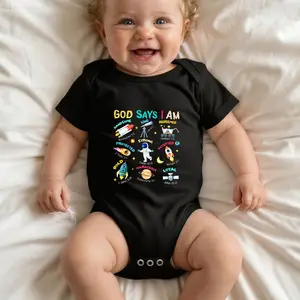 God Says I Am   Space Theme Design   Colorful Astronauts And Rockets   Biblical Verses Included   Cute Baby Onesie Print Print Bodysuit Baby Rompers Short Sleeve Cotton Toddler Rompers Graphic Print Baby Clothes One-Piece Outfit