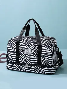 Large capacity letter color blocked zebra print travel bag, fashionable and simple daily retro tote bag, niche design letter crossbody bag, suitable for short distance travel, fitness, sports, yoga, swimming