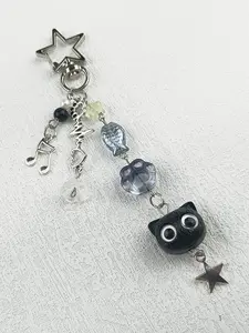 Vintage Creative Black Cat Phone Lanyard Cute Versatile Keychain For Bags Backpack Pendant Y2K Kitten Paw Star Fish Beaded Jewelry Accessories