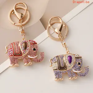 Colorful Rhinestone Alloy Elephant Keychain Thai Style Animal Pendant Exquisite Decorative Charm For Car Keys Handbags Daily Ornament