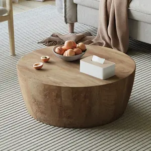 Rustic Drum Coffee Table for Living Room Round Center Table Modern Drum-Shape MDF Cocktail Table for Home Office - Fully Assembled accent table