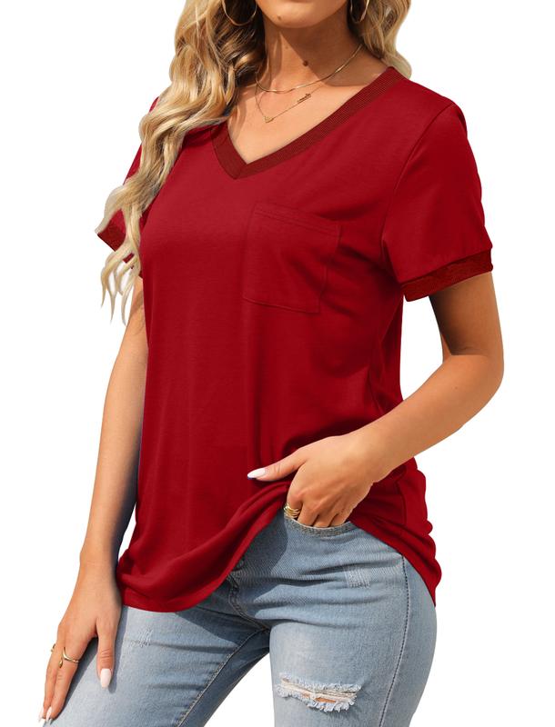 OFEEFAN Womens T Shirts Short Sleeve V Neck Loose Casual Summer Tops with Pocket Womenswear Vneck