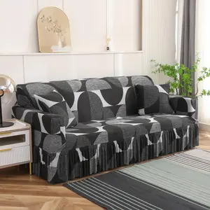 Geometric Pattern Sofa Cover, 1 Count Soft Comfortable Elastic Sofa Slipcover with Skirt, Dustproof Sofa Protector for Home Living Room Hotel Dormitory Decor Stretch Sofa Cover