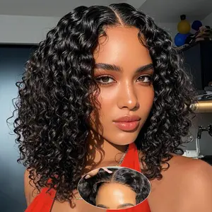 13x6 Bob Wig Curly Wave Lace Front Wigs Human Hair 13x6 Lace Frontal Wigs 180% Density Curly Bob Wig Human Hair Pre Plucked for Women Natural Black 10 Inch