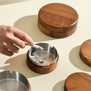 Creative Wooden Ashtray, Stainless Steel Circular Design, Home, Ideal for Living Room & Office Use, Durable Wood Material