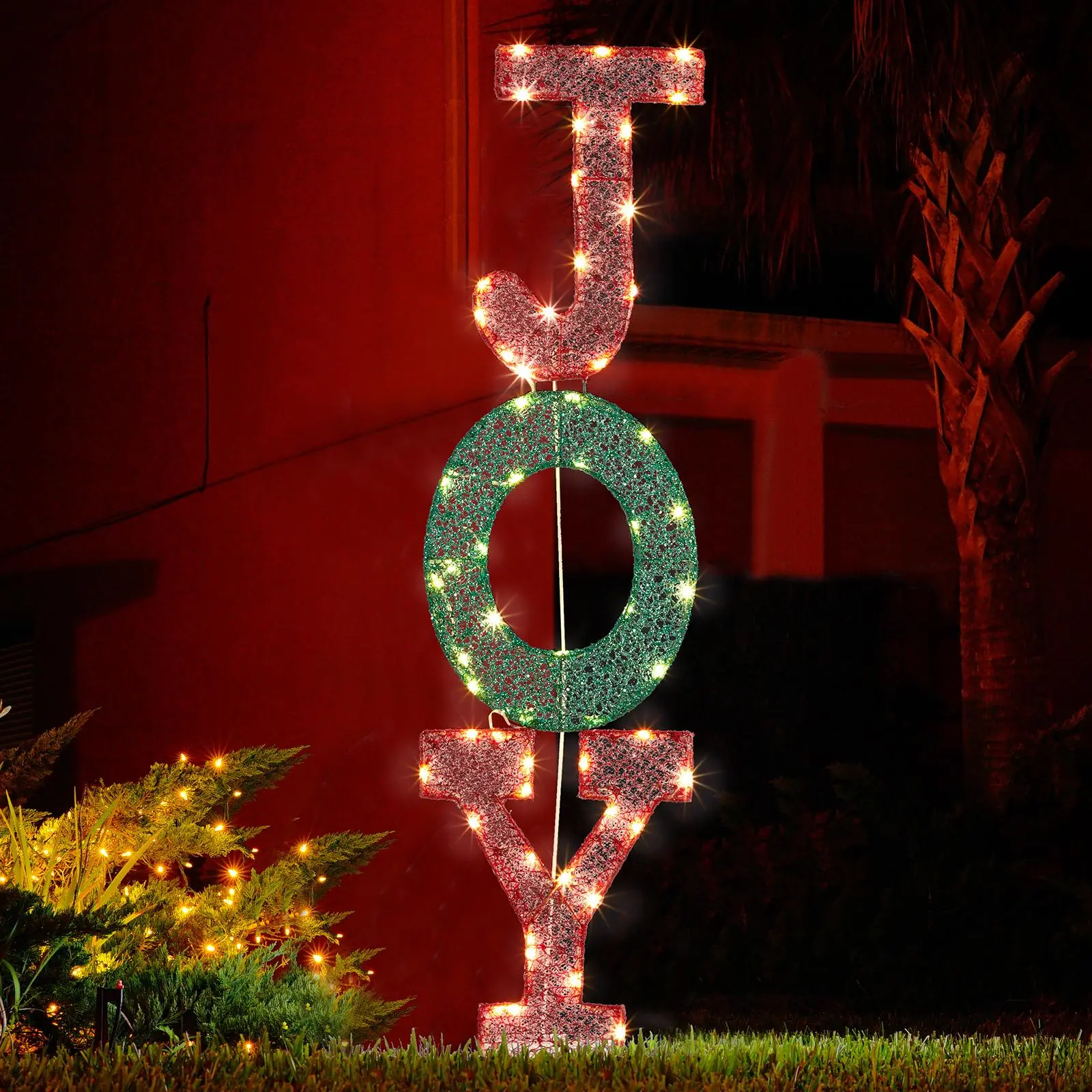 Lighted "JOY" Letter Sign Christmas Yard Decor - Pre-lit 2D Metal Frame Display, 11.4x10.6x39", 45 Warm White LEDs, Tinsel Accents, Compact Fold, Stakes for Indoor-Outdoor Use