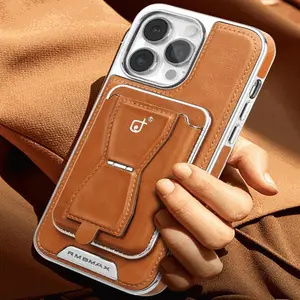 RMSMAX Caramel Mocha P93 Electroplated Leather Pattern Magnetic Card Holder Bracket Shell Business Leather Case for iPhone 11-14 Series Shockproof & Anti-Fingerprint Protection