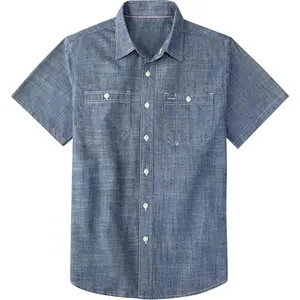 Men’s Soft Lightweight Chambray Short Sleeve Summer Breathable Cotton Shirt for Daily Casual Wear
