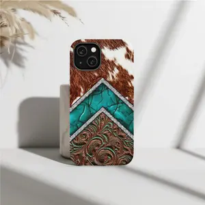 Western Cowhide Turquoise & Tooled Leather Phone Case | Aztec Chevron Protective Cover for IP Phone 16, 15, 14, 13, 12, 11 Pro Max, Plus, X, XR, XS, 8, 7