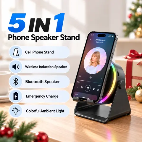 Dohelly 5-in-1 Multifunctional Desktop Wireless Bass Speaker Stand - USB Type-C Lightweight Portable Charger, 5000mAh Rechargeable Power Bank, 360° Adjustable Rotatable Electronic Holder for Smartphone/Tablets, Colorful Ambient Light, Cool Adult Gadget
