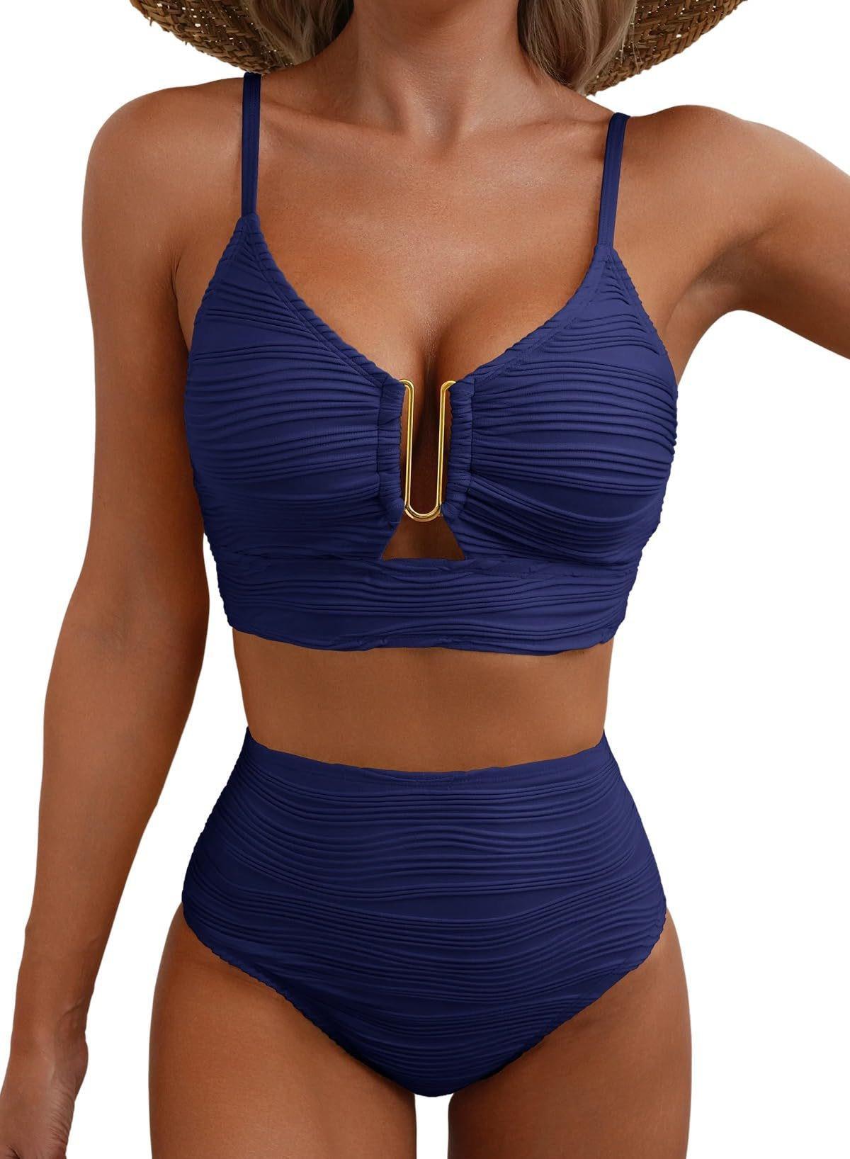 2 Piece Bikini Set U-Wire Cutout Swimsuit High Waisted Textured 2026 Summer Swimming Clothing Beach Water Sports Tummy Control Swimwear