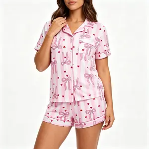 Women's Soft Pink Pajama Set Short Sleeve Button-Up Striped Pyjamas Loungewear with Cute Bow Heart Print Stretchy Nightwear Home Wear Homewear Pjs for Women Sleepwear Womenswear Valentine's Day Knitted Gift PJ Party Wedding Morning for Mother's Day