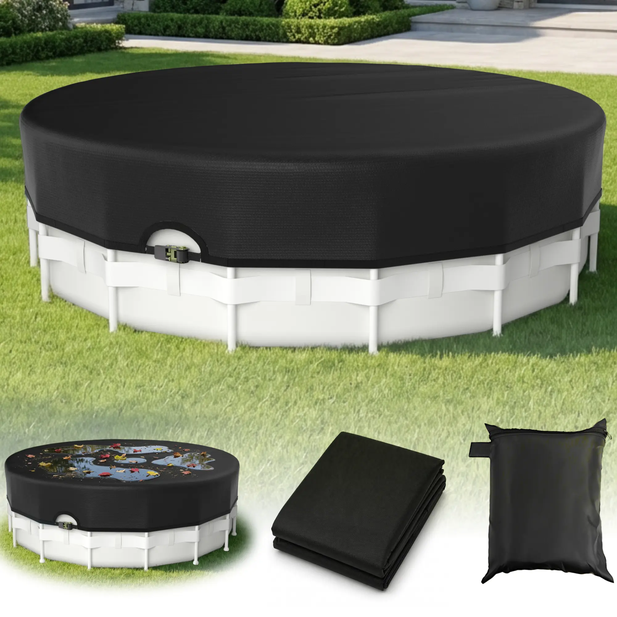 Upgraded 15FT Round Swimmingpoolcover - Heavy-Duty Lock, Waterproof, Windproof, UV & Dust Resistant, Solar Inflatable Outdoor Pool Accessory That Keeps Pool Clean, Pool Supplies, Swimming Pool Cover