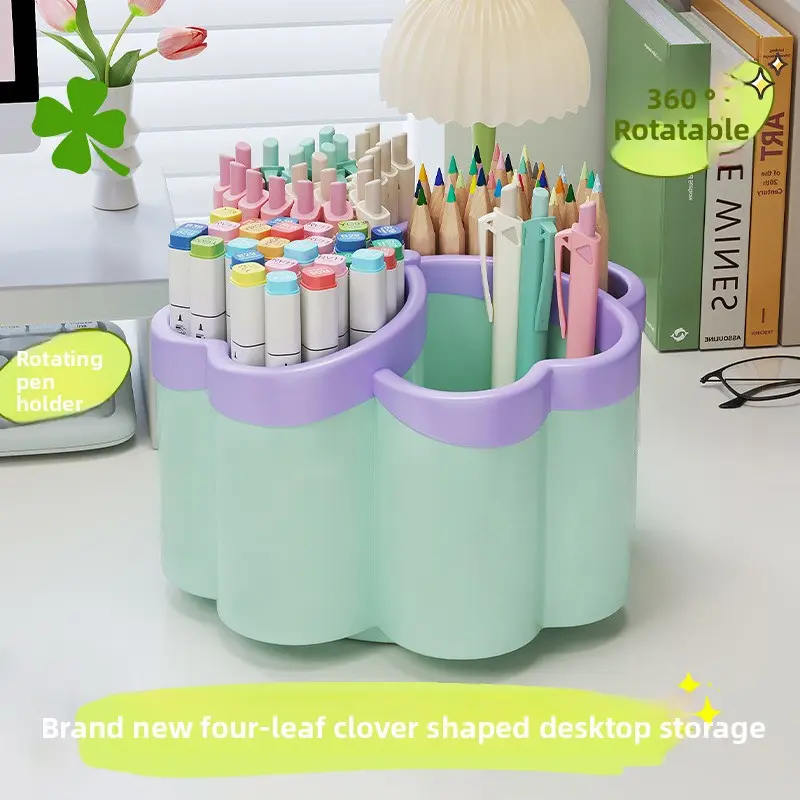 Brand-new Thickened Rotating Desktop Storage Box with 360° Rotation Function - Featuring 4 Large-capacity Storage Spaces And A Random Sticker with A Random Pattern, Suitable for Office Supplies, Makeup Brushes, And School Essentials. Available In 3